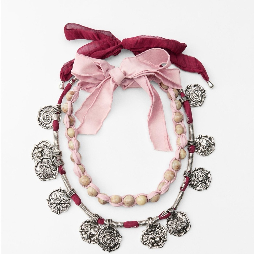 ZARA Set of Two Long Necklaces, Silver coins and beads on fabric. NWT